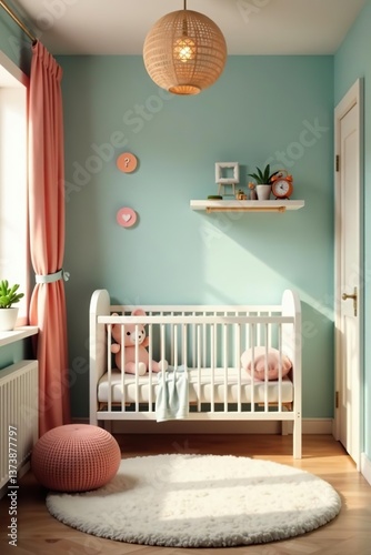 A cozy and colorful nursery room with a crib, toys, and soft lighting, perfect for a newborn baby, nursery,  room
