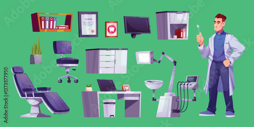 Cartoon set of dentist and stomatology equipment