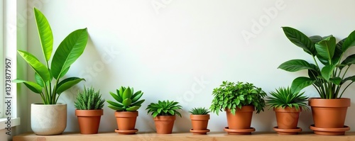 A cozy vignette with a variety of lush green plants in terracotta pots on a wooden shelf against a white wall,  stylish,  home decor