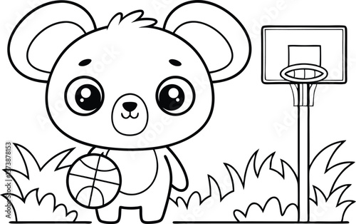 Cute Outline Bear Holds Basketball With Hoop on Transparent Background Coloring Page