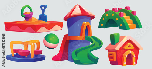 Playground park in kindergarten vector cartoon set