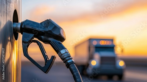 A close-up of a fuel pump nozzle filling a truck, with a blurred truck in the background against a sunset sky.