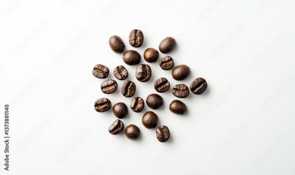 A collection of freshly roasted coffee beans displayed on a bright white background, perfect for a morning brew. A collection of freshly roasted coffee beans displayed on a bright white background, perfect for a morning brew.
