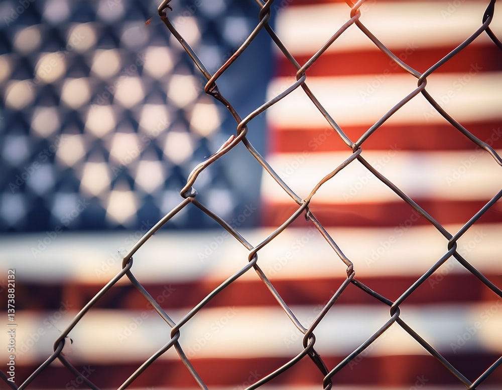 Fototapeta premium chain link fence with blurred usa flag in the background