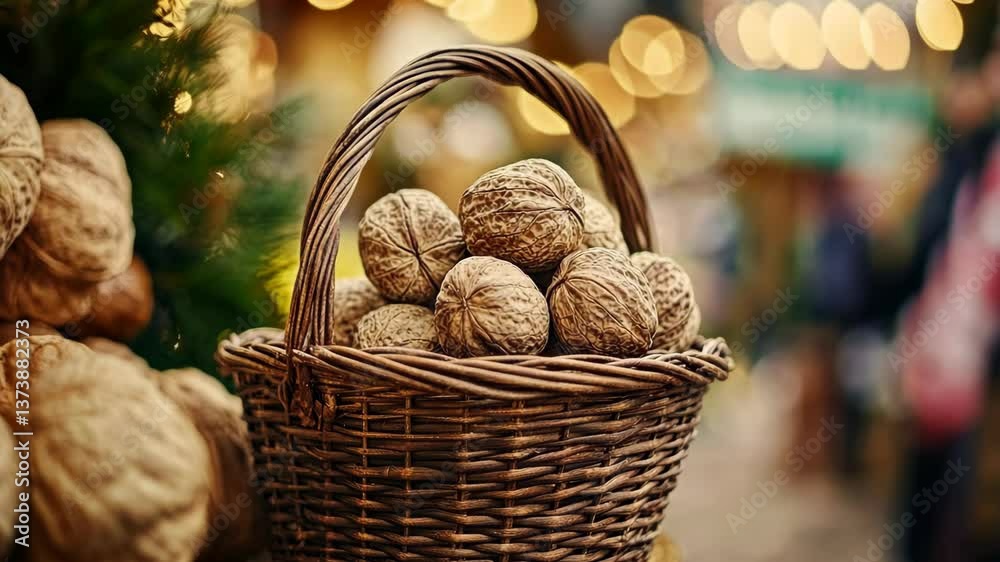 Natural walnuts displayed in a woven basket at a market during the afternoon in a festive setting