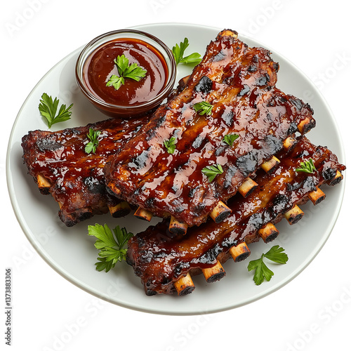 Delicious barbecue ribs with sauce on a white plateisolated on transparent  background png