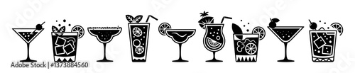 A set of black and white silhouettes of various cocktails and drinks. The mood of the images is sophisticated and elegant. Flat vector illustrations isolated on transparent background