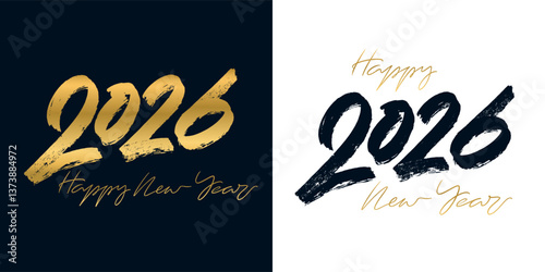 Golden handwritten inscription 2026 happy new year. We wish you a happy new year 2026. Hand drawn lettering, greeting card, Vector illustration design.