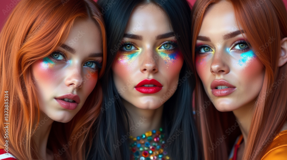 Obraz premium Three beautiful young women with shiny eccentric makeup, selective focus