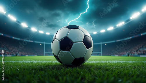 A soccer ball on the field in an inspiring moment. Storms indicate this is a major event. Promoting soccer, or association football.