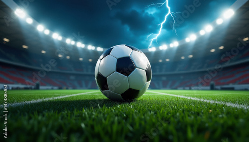 A soccer ball on the field in an inspiring moment. Storms indicate this is a major event. Promoting soccer, or association football.