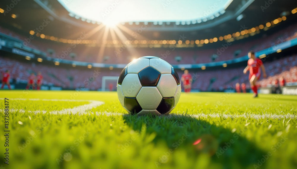 Fototapeta premium A soccer ball on the field in an inspiring moment. Promoting soccer, or association football.