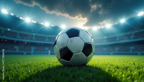 A soccer ball on the field in an inspiring moment. Promoting soccer, or association football.