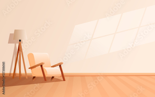 empty bright minimalist room with armchair and floor lamp, vector illustration