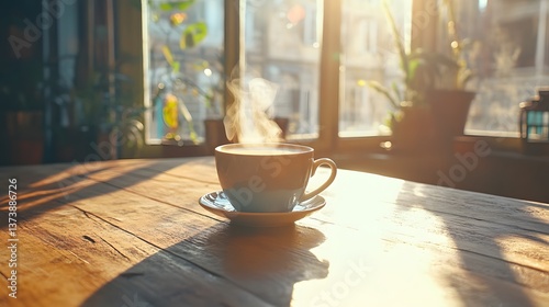 A steaming cup on a rustic wooden table catches the morning light, casting long shadows and creating a warm, inviting atmosphere.