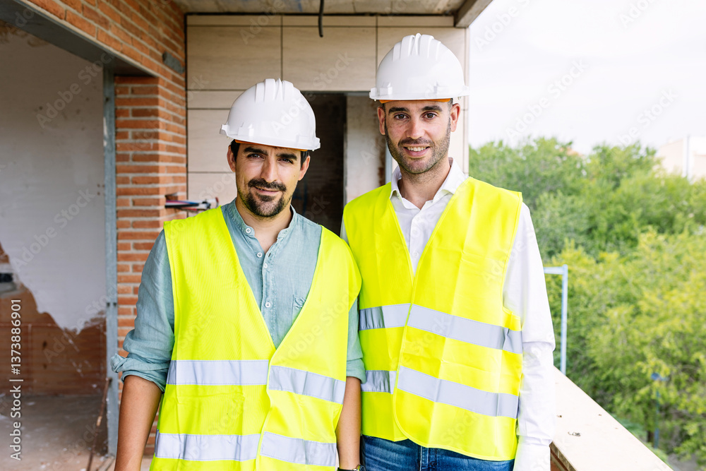Two engineers wearing safety vests and helmets are supervising a construction site, ensuring workplace safety and project progress. Engineering and architecture concept Two engineers wearing safety vests and helmets are supervising a construction site, ensuring workplace safety and project progress. Engineering and architecture concept