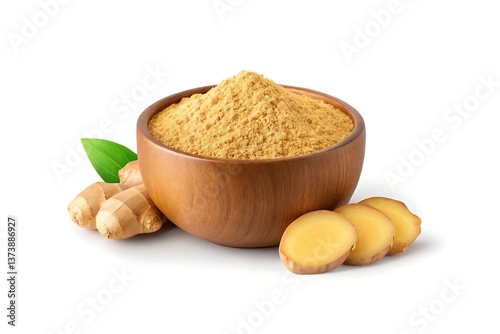 Aromatic ground ginger powder in a rustic wooden bowl, complemented by fresh ginger root slices and vibrant green leaves, showcasing earthy tones and natural textures.