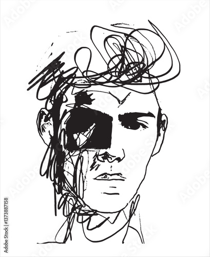 Portrait of a man with charcoal. Vector illustration. Portrait drawn with lines. Hand drawn. Untidy drawing. Scribble art. Creative drawing. . Chaotic lines. Head silhouette.