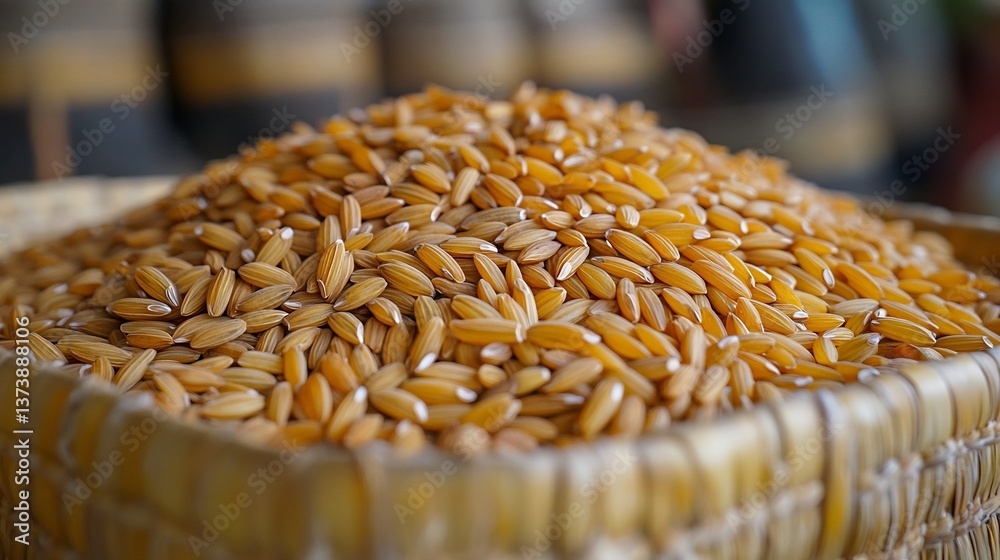 Obraz premium Bhutanese Jangbali Rice grains extreme close up highlighting their deep golden brown hues and glossy surface traditional Bhutanese woven basket partially visible