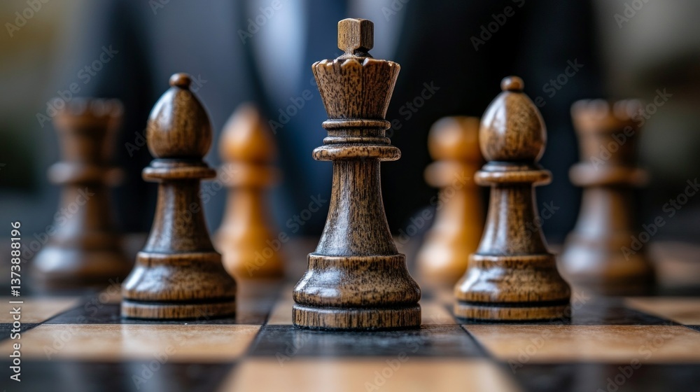 Fototapeta premium A classic chess game with wooden pieces, perfect for strategy and mind games themed articles.