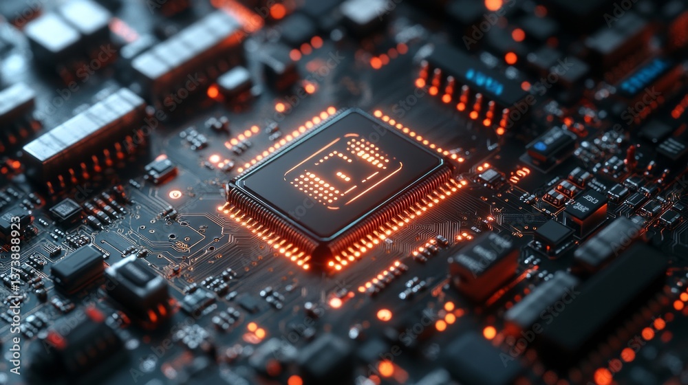Detailed view of a modern motherboard with backlighting highlighting the CPU. Suitable for technology articles, computer hardware reviews, electronics advertising. Detailed view of a modern motherboard with backlighting highlighting the CPU. Suitable for technology articles, computer hardware reviews, electronics advertising.