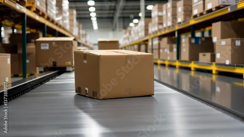Closeup of multiple cardboard box packages seamlessly moving along automation, conveyor belt in a warehouse fulfillment center, a delivery, e-commerce, and products logistic center video