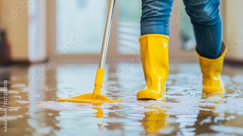 Person in yellow boots mopping a wet floor with soapy water