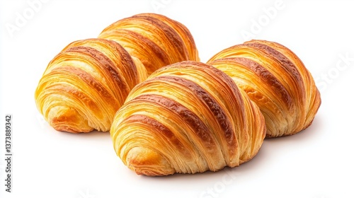 Wallpaper Mural International sweet food minimal. Three golden-brown croissants with flaky layers, showcasing their buttery texture and warmth, perfect for breakfast or a delightful snack. Torontodigital.ca