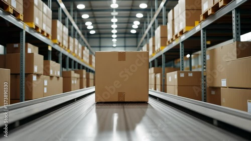 Closeup of multiple cardboard box packages seamlessly moving along automation, conveyor belt in fulfillment center, a snapshot of a delivery, e-commerce, and products logistic center video