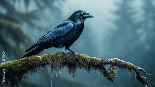 A majestic crow perches on a mossy branch, its glossy black feathers gleaming under a dim, overcast sky. 