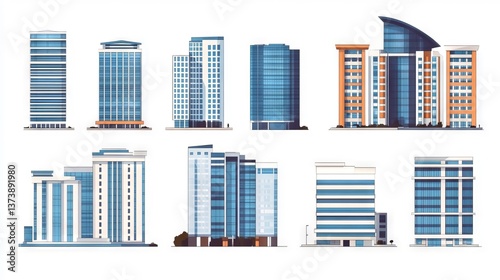 Architectural array: a collection of modern building designs in clean, contemporary style, illustrating a diverse urban skyline.