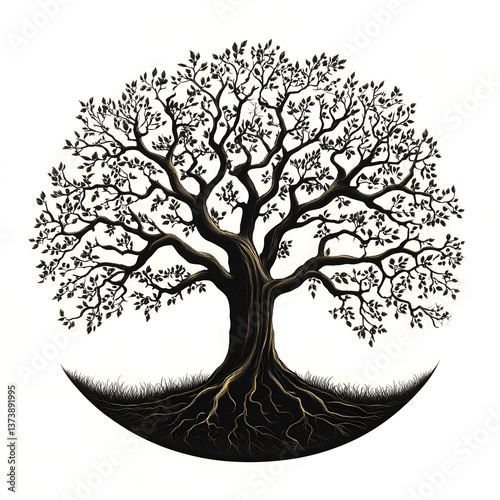 Isolated on a white background elegant and symbolic illustration of a tree enclosed within a semicircular base, representing groundedness and growth.