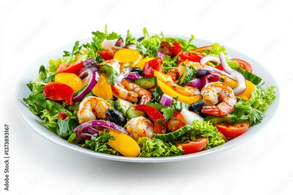 Fresh Shrimp Salad with Colorful Vegetables on White Plate Fresh Shrimp Salad with Colorful Vegetables on White Plate