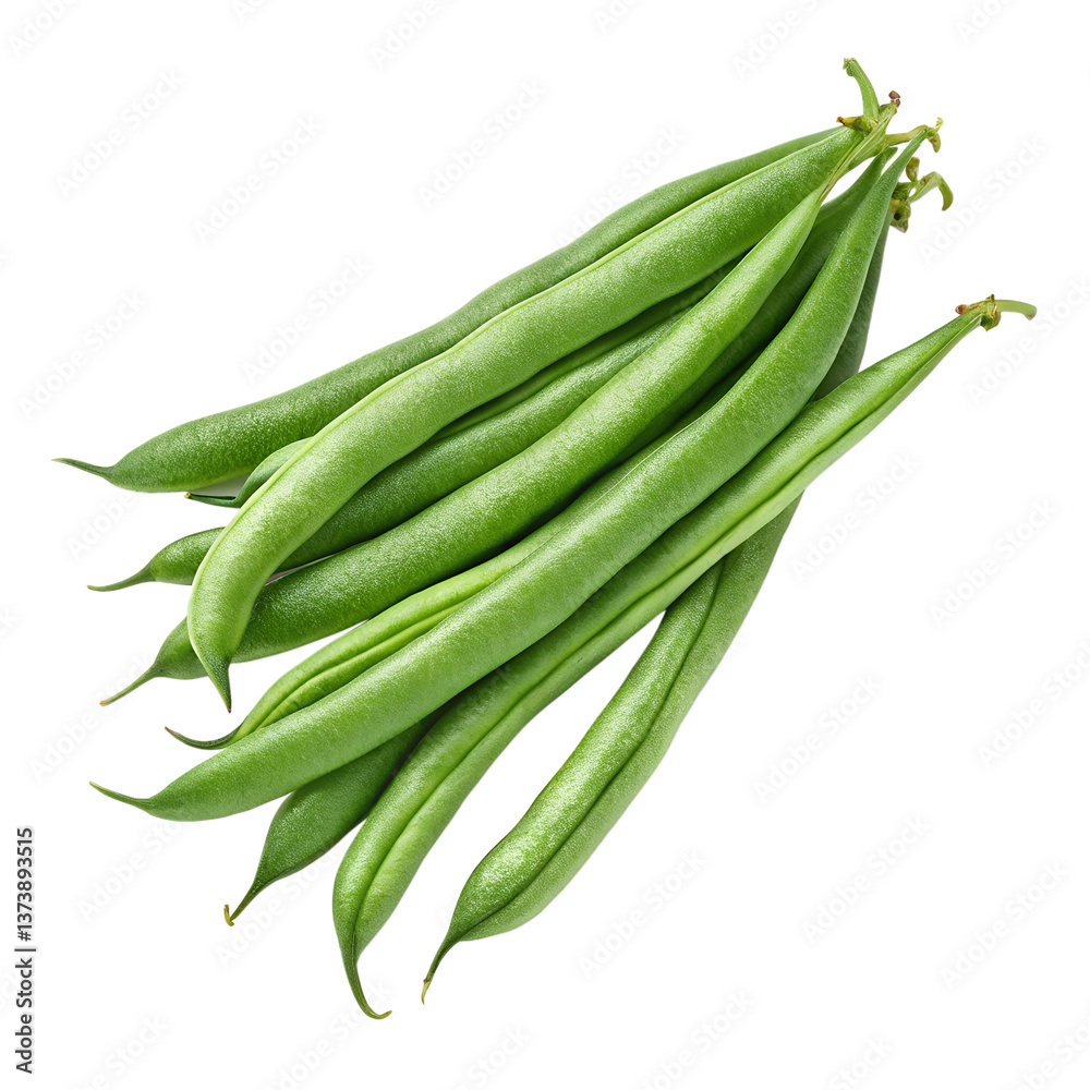 A small bunch of green beans with smooth, glossy skin. The beans are straight, with a slight curve and a vibrant green color that stands out against the transparent background A small bunch of green beans with smooth, glossy skin. The beans are straight, with a slight curve and a vibrant green color that stands out against the transparent background