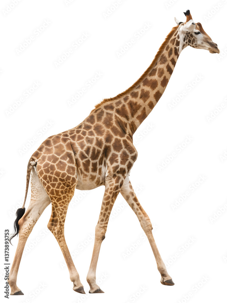 Fototapeta premium A Giraffe Walking on a solid white empty space, towards the camera, isolated on a transparent background