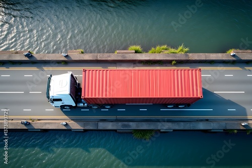 Red cargo truck crossing bridge over water in aerial view