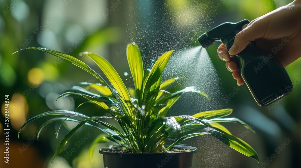 hand misting green indoor plant with water spray bottle in morning light and peaceful home atmosphere