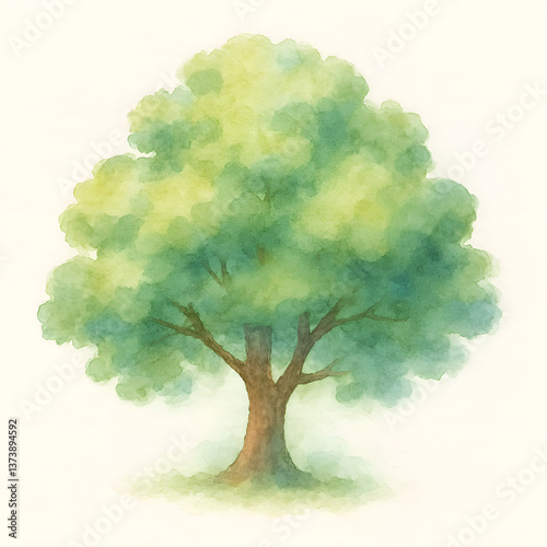Isolated on a white background soft and tranquil watercolor painting of a tree with a full, rounded canopy in shades of green and yellow. 