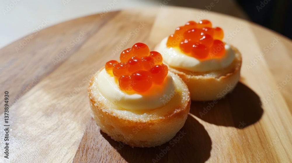 Two Appetizing Caviar Tartlets on Wooden Board Perfect for Entertaining Two Appetizing Caviar Tartlets on Wooden Board Perfect for Entertaining