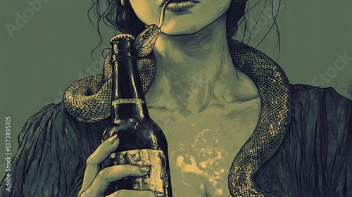 A woman holding a beer bottle with a snake draped around his neck, symbolizing alcohol addiction and the gradual decline of health.