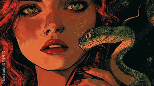 A woman holding a beer bottle with a snake draped around his neck, symbolizing alcohol addiction and the gradual decline of health.