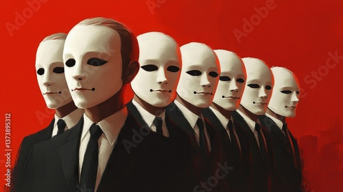 illustration of businessman without face choosing the right mask to wear, surreal identity concept 