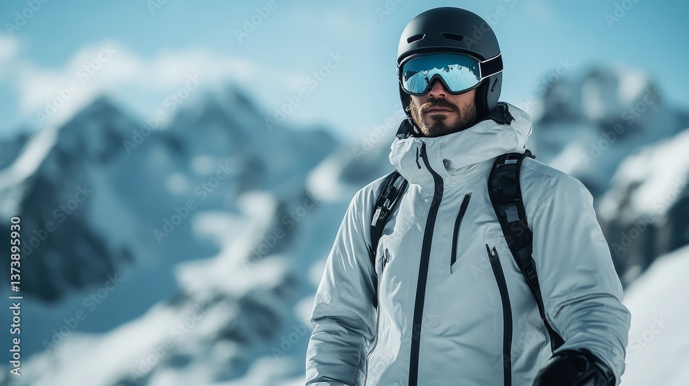 confident skier in white jacket standing in alpine landscape with snow peaks and winter sunlight