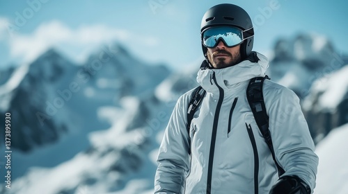 Obraz na płótnie confident skier in white jacket standing in alpine landscape with snow peaks and winter sunlight w salonie