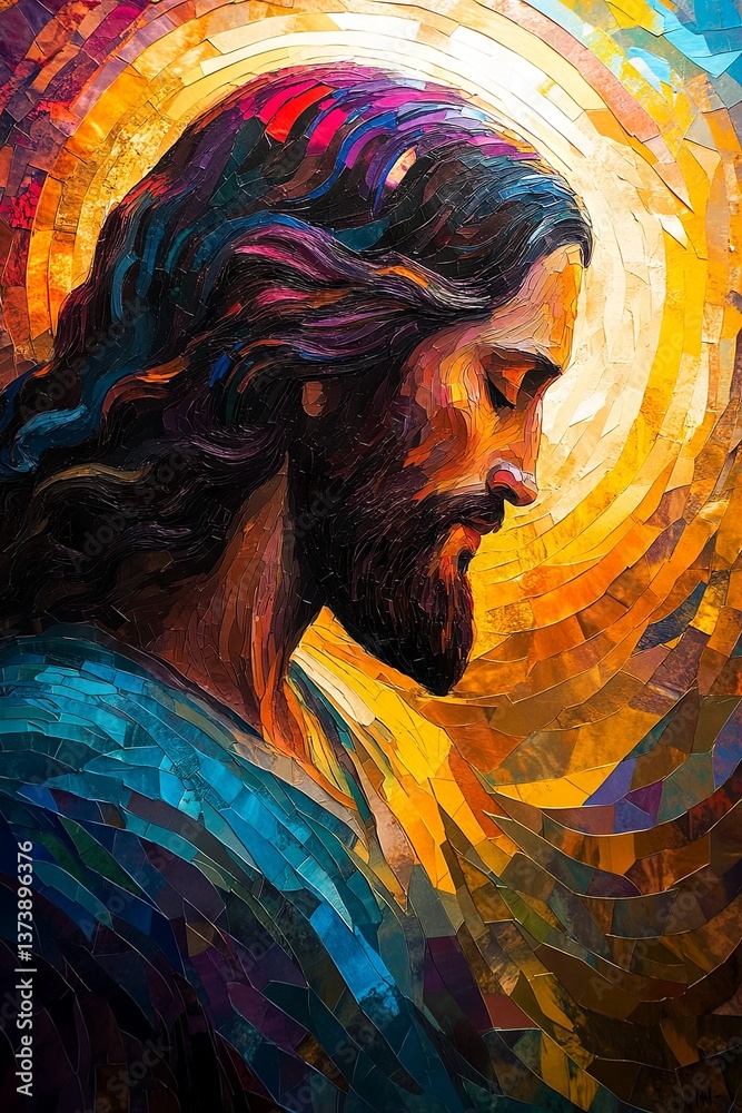 Fototapeta premium Vibrant, artistic silhouettes of Jesus Christ merge with gravitational waves, depicting cosmic vibrations and wave motion. Stunning colors and intricate wavelengths create a mesmerizing fusion of fait
