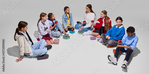 Foto Group of students sit in circle, each holding red apple with lunchboxes, depicting healthy break during knowledge filled day