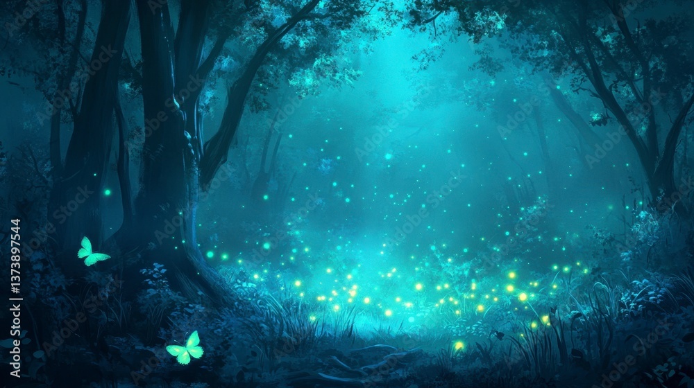 Fototapeta premium Enchanted Forest with Glowing Lights and Butterflies at Night Illustration