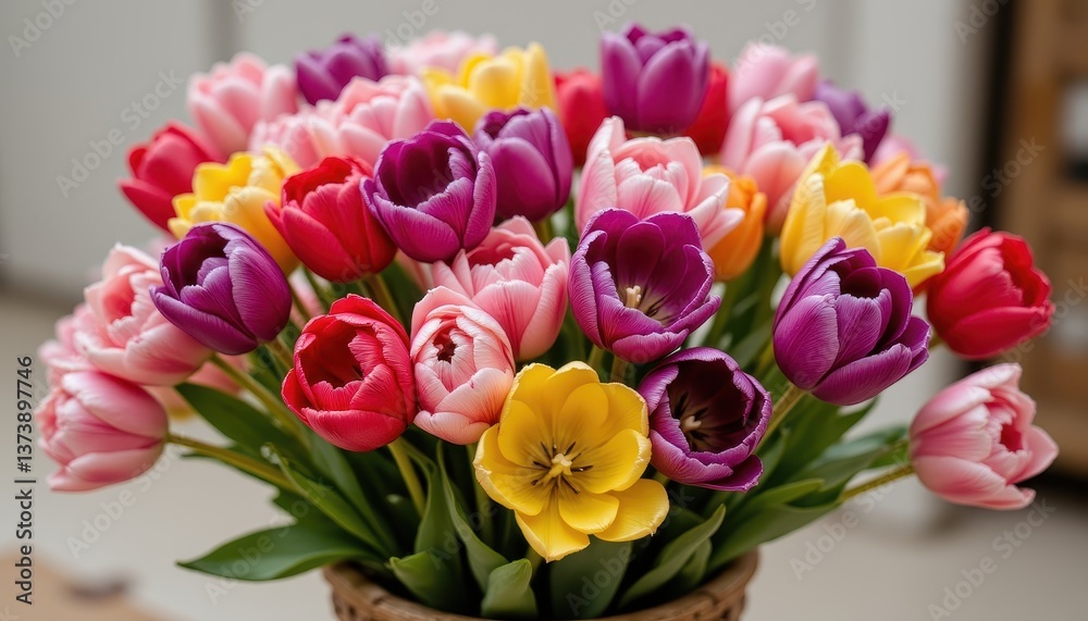Obraz premium A stunning collection of tulips in shades of pink, purple, yellow, and red are artfully arranged in a rustic pot