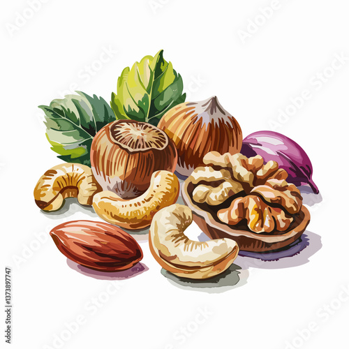 Watercolor Assorted Nuts with Leaves Illustration