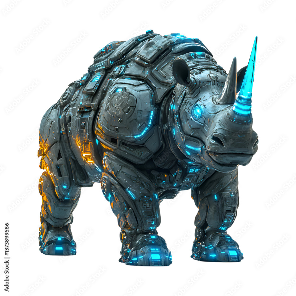Cybernetic Rhinoceros with Glowing Blue Horns Isolated on Transparent Background Cybernetic Rhinoceros with Glowing Blue Horns Isolated on Transparent Background